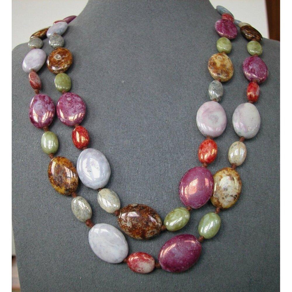 Vintage Signed - Austria Cabochon Stone Bead Necklace